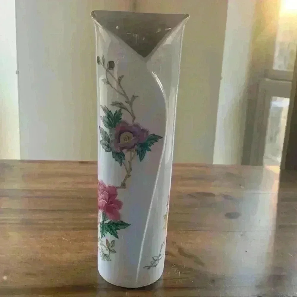 Vtg Takahashi 1980's Ceramic Vase Made In Japan Pink Orange & Yellow Flowers